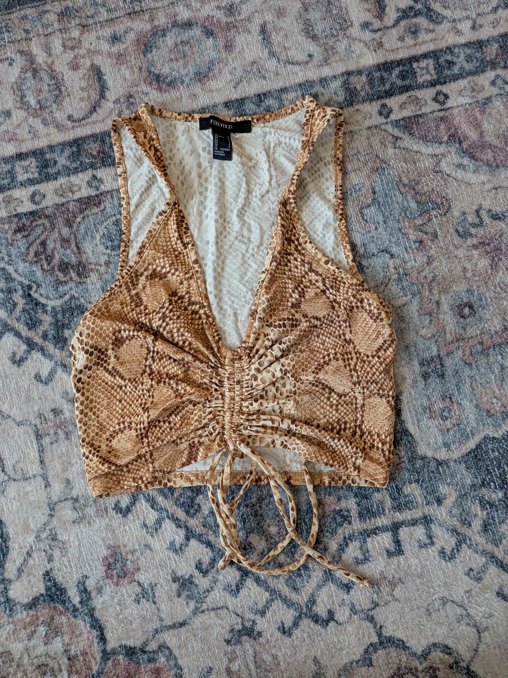 Forever 21 Tan Brown Snake-Print Ruched Drawstring Crop Top